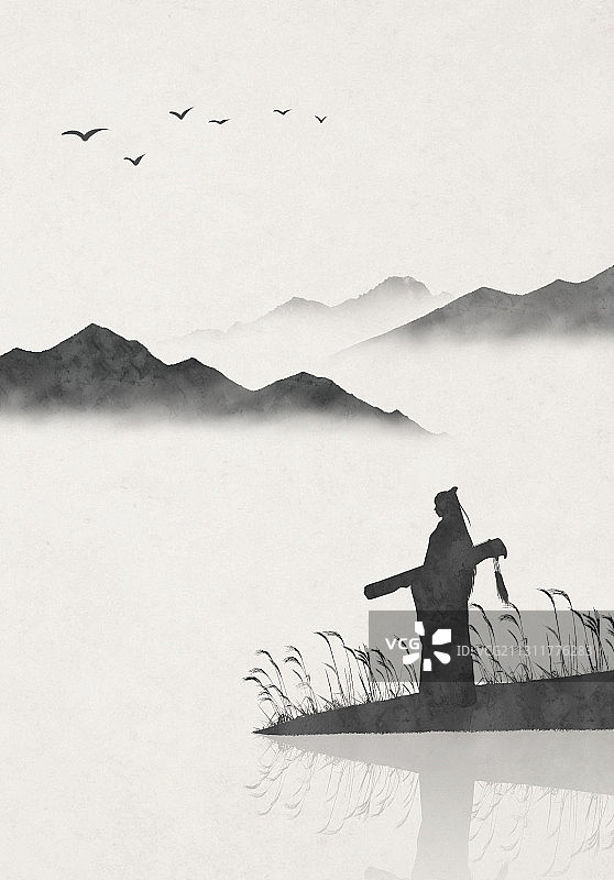 中国风古装抱琴山水插画图片素材