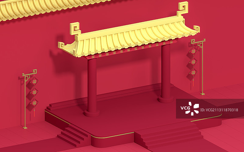 红色中国风舞台背景 3D渲染图片素材