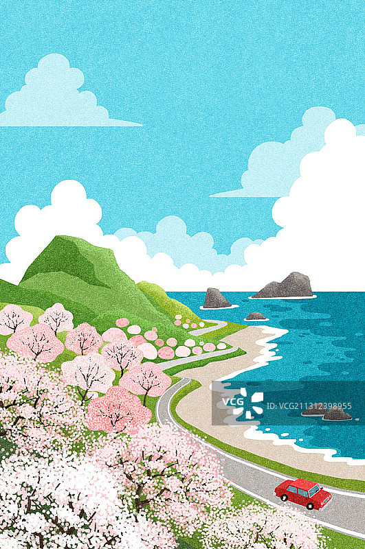 在樱花盛开的沿海道路上的汽车插图图片素材