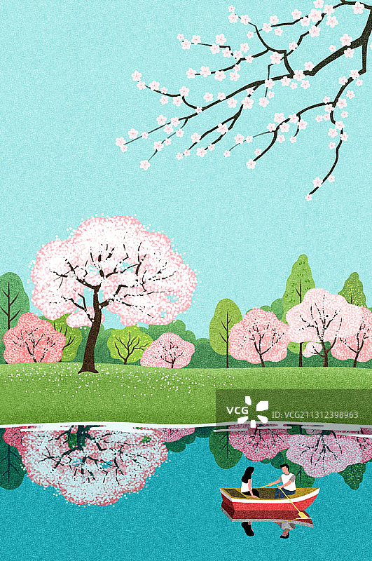 一对夫妇在湖上划独木舟和樱花树的插图图片素材
