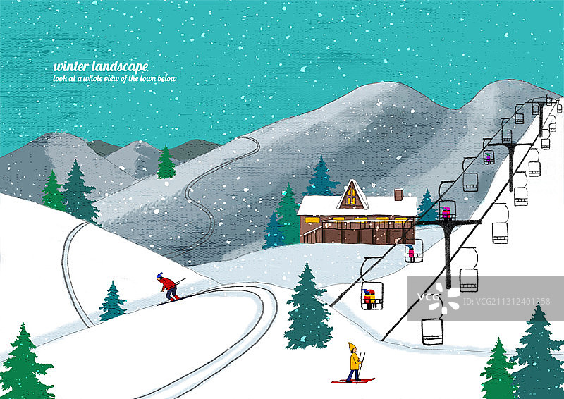 人们滑雪和乘坐滑雪缆车的插图图片素材
