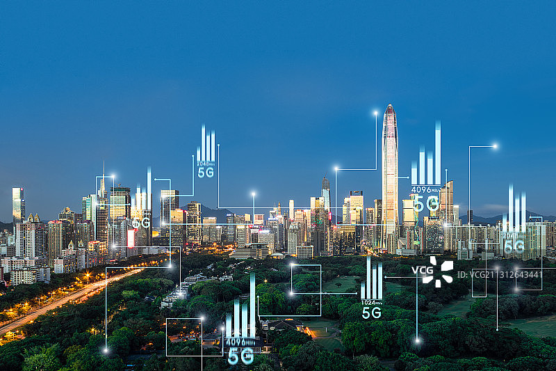 深圳福田CBD天际线和5G智慧城市概念图片素材