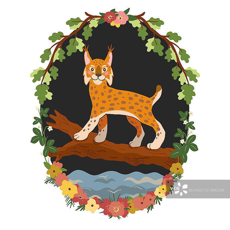 可爱的山猫走在一幅原木艺术版画上图片素材