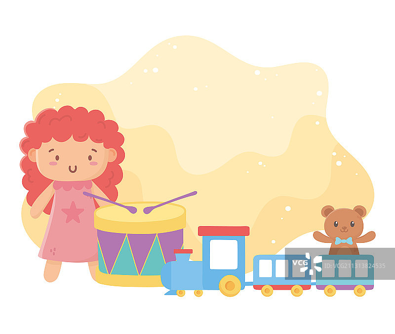 儿童玩具，娃娃，鼓，火车和泰迪熊物体图片素材