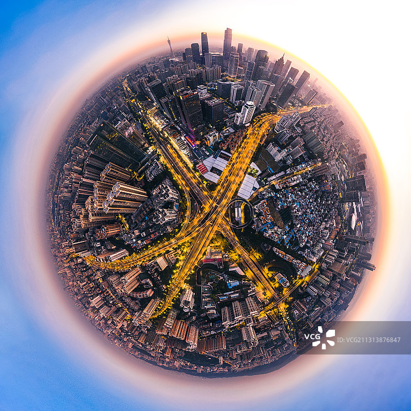 广州城市风光日出球形全景图片素材