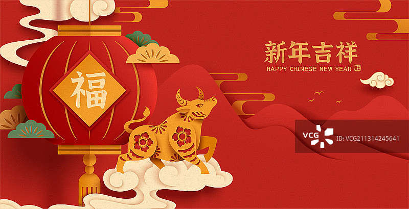 大红中国剪纸风生肖牛与灯笼横幅图片素材