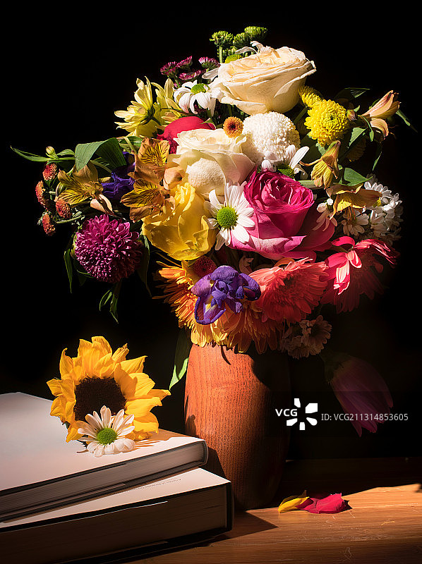棚拍暗背景木质桌子的花瓶和花朵以及书本和花瓣图片素材