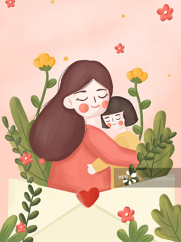 拥抱在一起的母女小清新插画图片素材