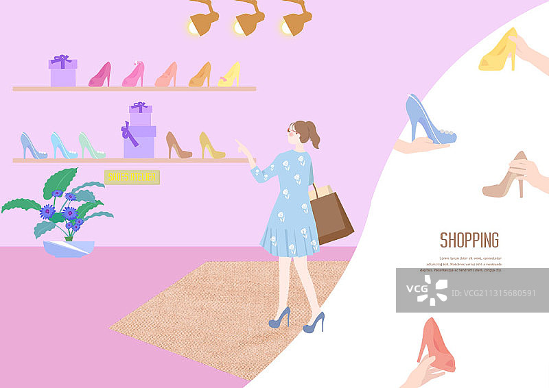 购物主题插图的女人购物鞋在百货公司图片素材