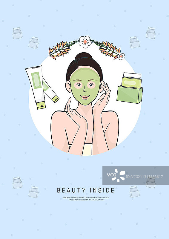 美丽主题插图的女人戴上绿色面膜图片素材