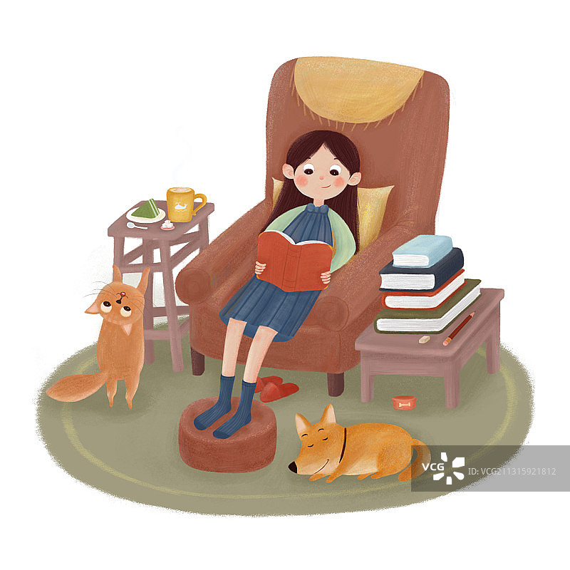 插画,看书,书,宅家,狗,猫,书,一个人,沙发,疫情,地毯图片素材