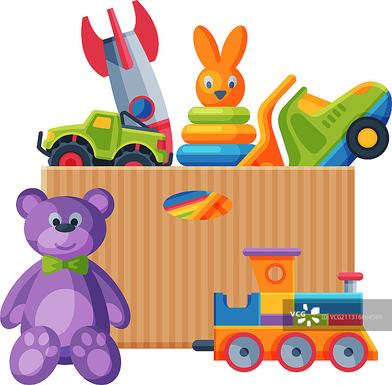 纸盒里装着各种五颜六色的玩具图片素材