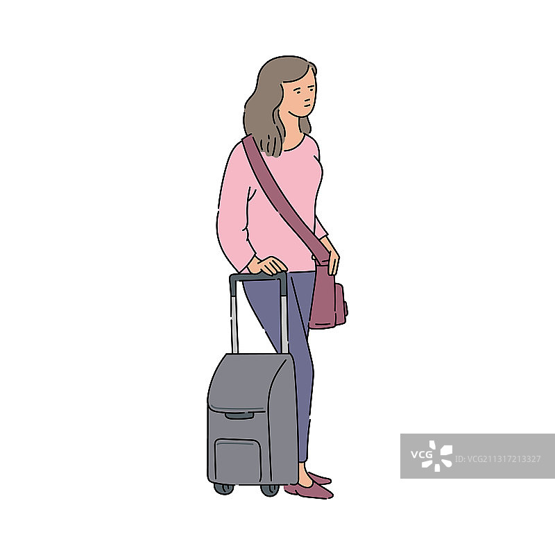 卡通女子站在旅行行李和图片素材