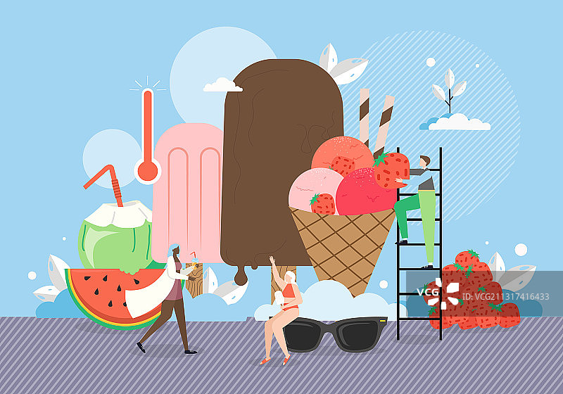 小人用草莓装饰冰淇淋图片素材
