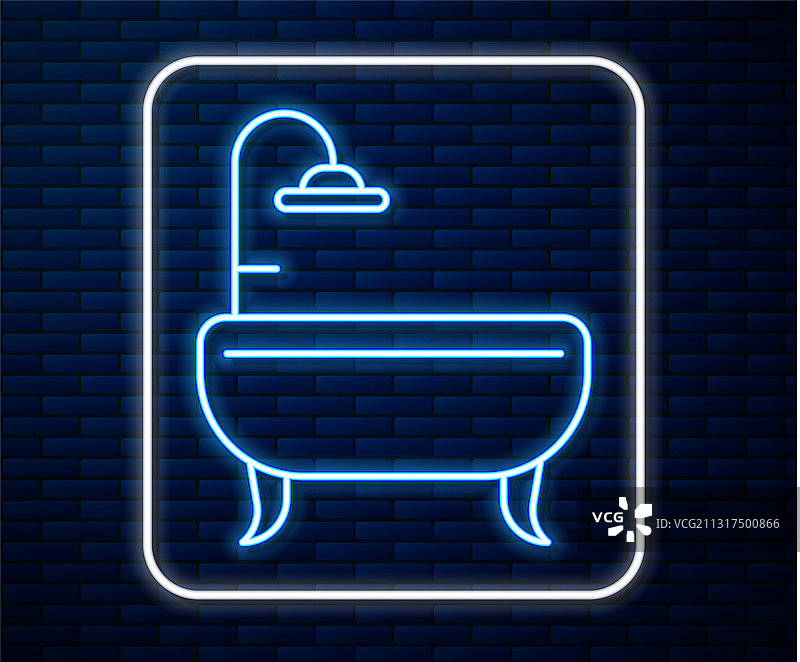 发光的霓虹灯线浴缸图标孤立在砖块上图片素材