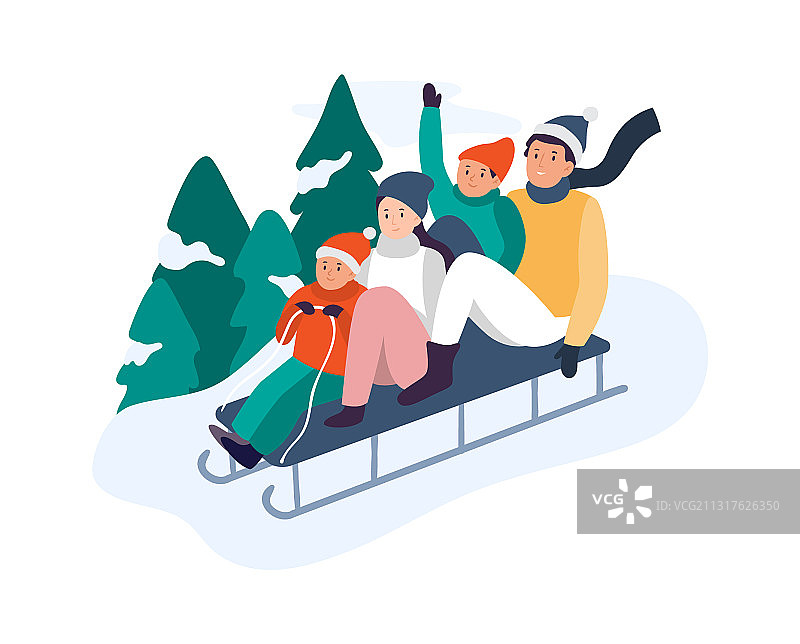 冬季活动快乐全家乘雪橇下山图片素材