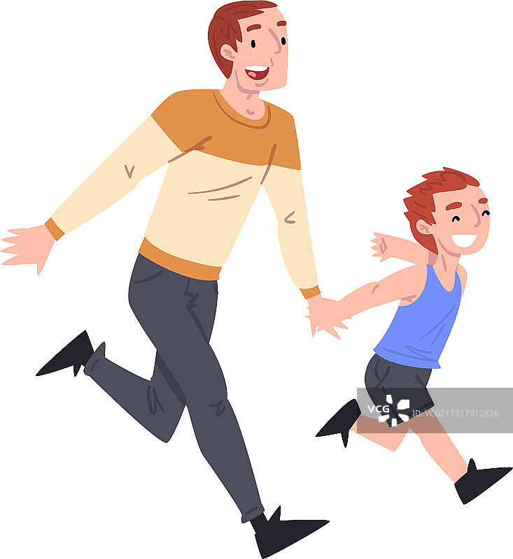 爸爸和他的儿子手牵着手一起跑图片素材