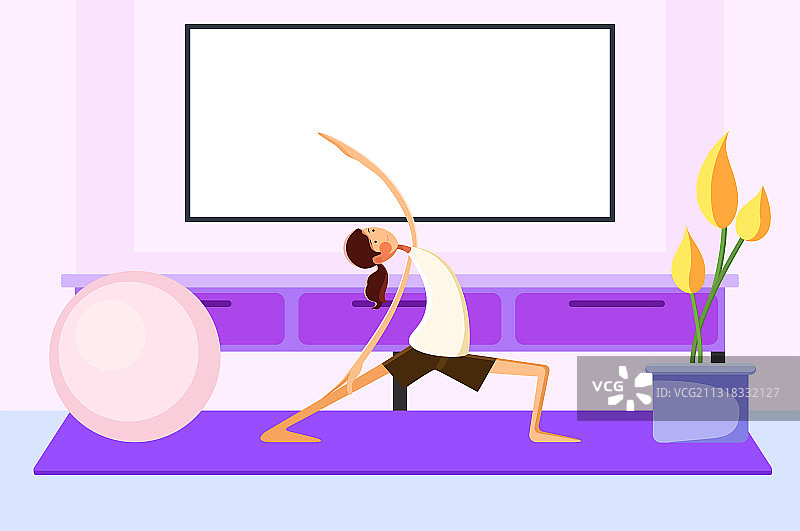在家里练瑜伽健身的女孩矢量插画图片素材
