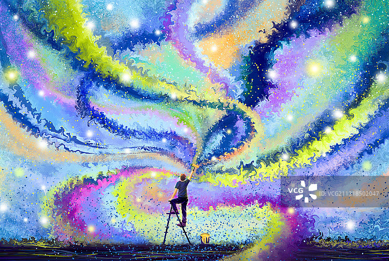 一个拿着画笔和油漆桶的人站在梯子上绘画出五彩缤纷的天空图片素材