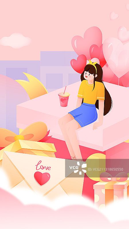 女孩坐在礼物堆里和气球、情书矢量插画图片素材
