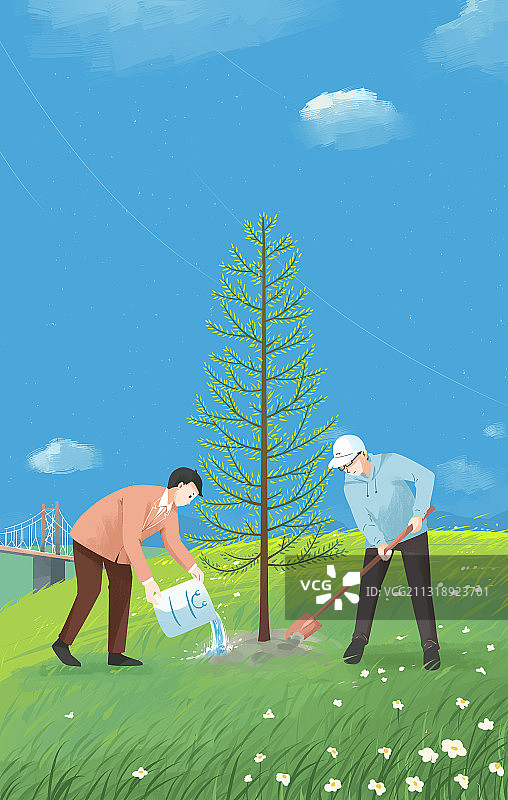 扁平插画植树节两个人在种树图片素材