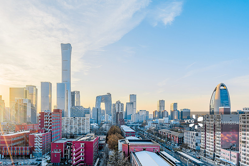 中国北京CBD建筑群高视角晴天风光图片素材