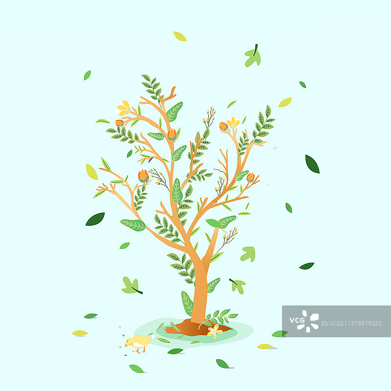 卡通春季春天植树节树林万物生长植物花卉叶子生活方式矢量插画图片素材