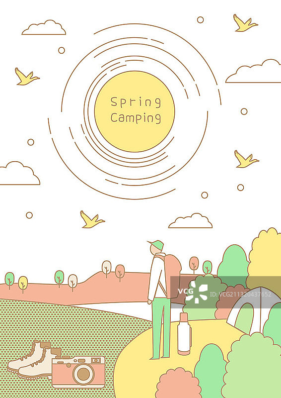 矢量插图春季露营与攀登的人站在帐篷旁边图片素材