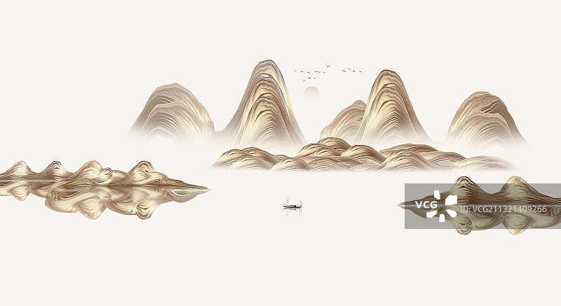 手绘中国风意境金色抽象山水风景画图片素材