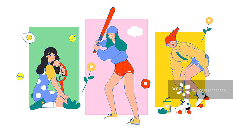 三个女孩健康运动活力矢量插画图片素材