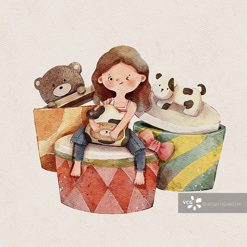 小女孩和动物罐子图片素材