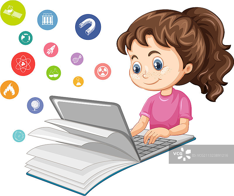 女孩在笔记本电脑上搜索教育图标图片素材