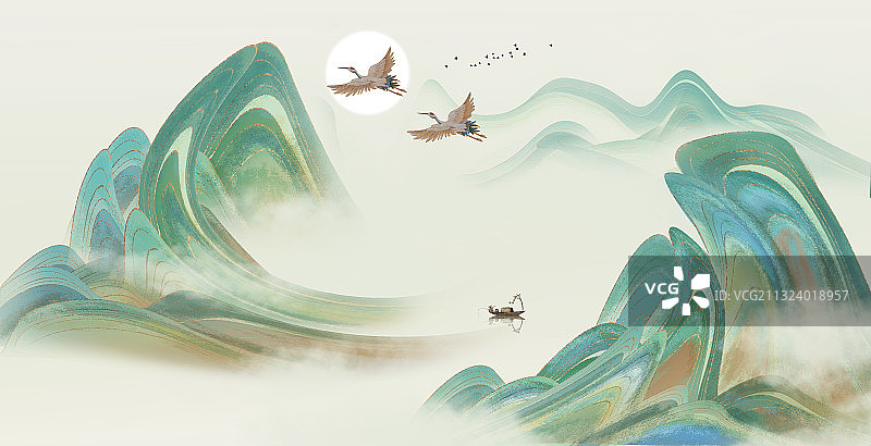 手绘新中式意境山水画插画背景图片素材