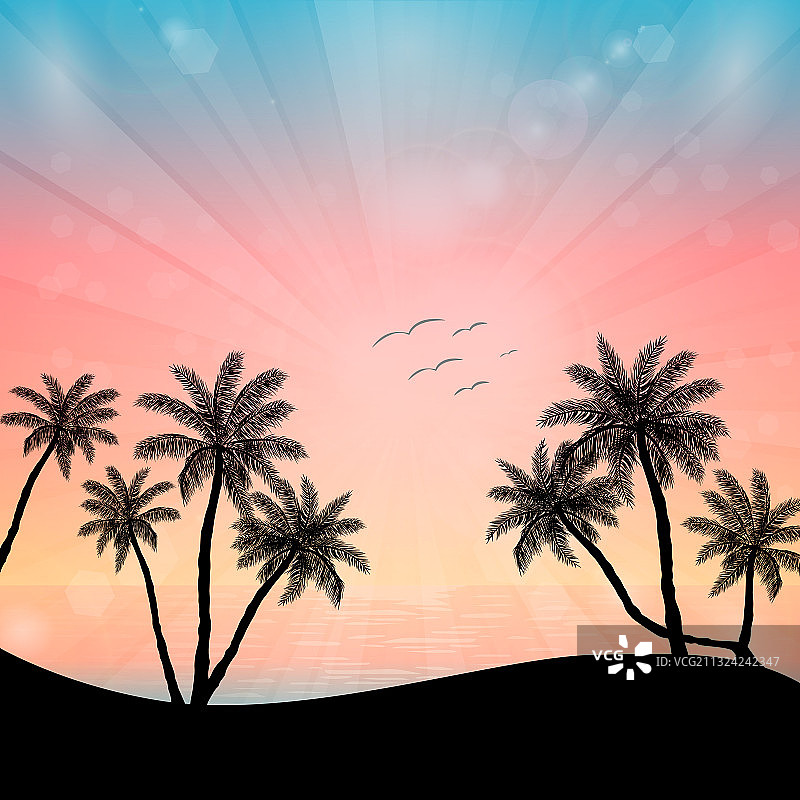 海滩上的日落和棕榈树图片素材