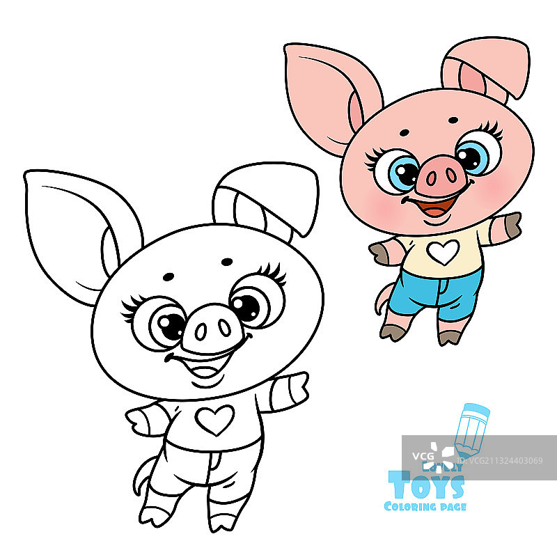 可爱的卡通毛绒玩具粉红猪的轮廓和颜色图片素材