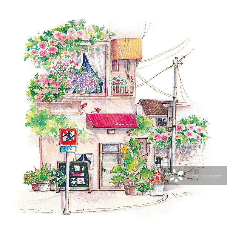 水彩插画风景建筑系列拐角处的花园洋房图片素材