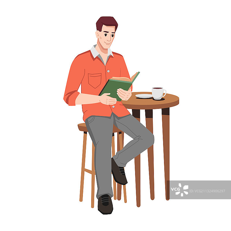 男人在桌子上的咖啡杯里看书图片素材
