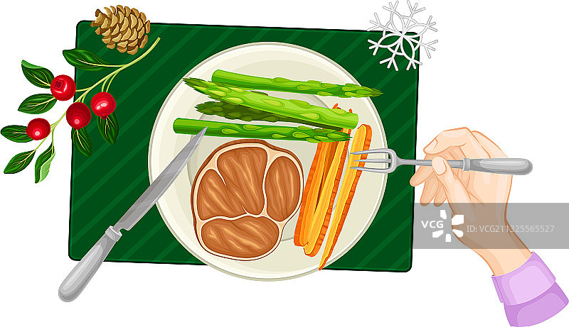 手拿叉用蔬菜吃肉图片素材