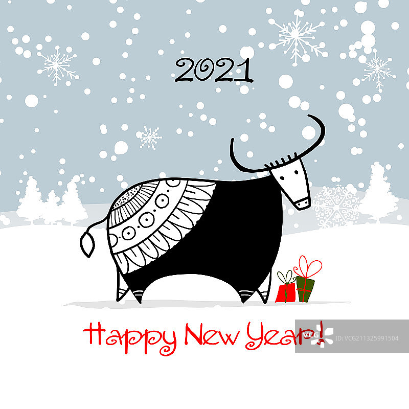 2021年新年快乐，牛，牛，牛，冬天森林图片素材