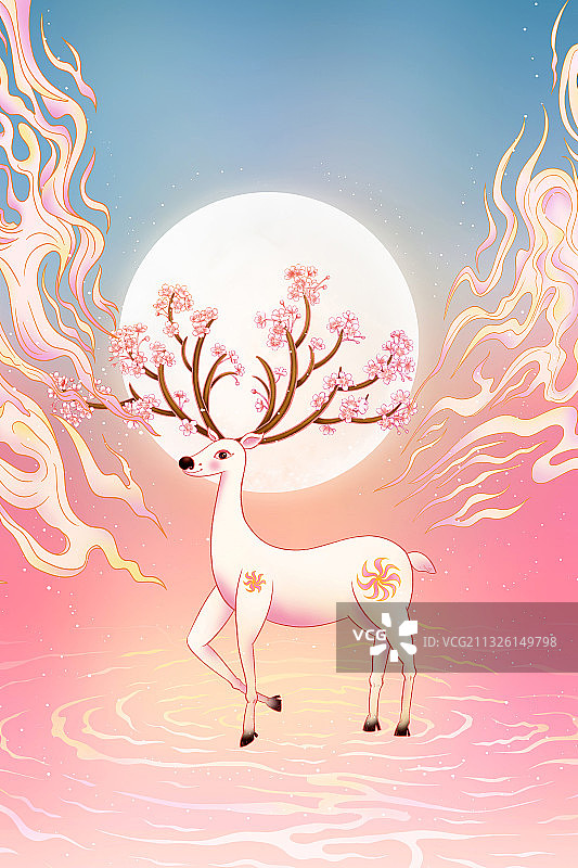 鹿角樱花盛开的白鹿插画元素图片素材