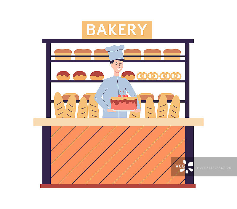 面包店柜台与友好的推销员或老板图片素材