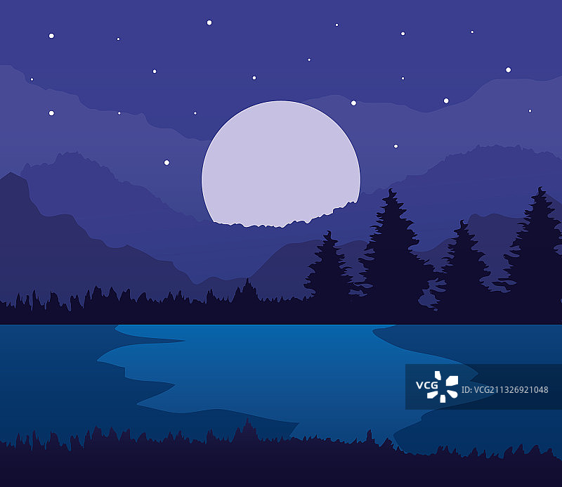 景观松树湖和月亮上的紫色图片素材