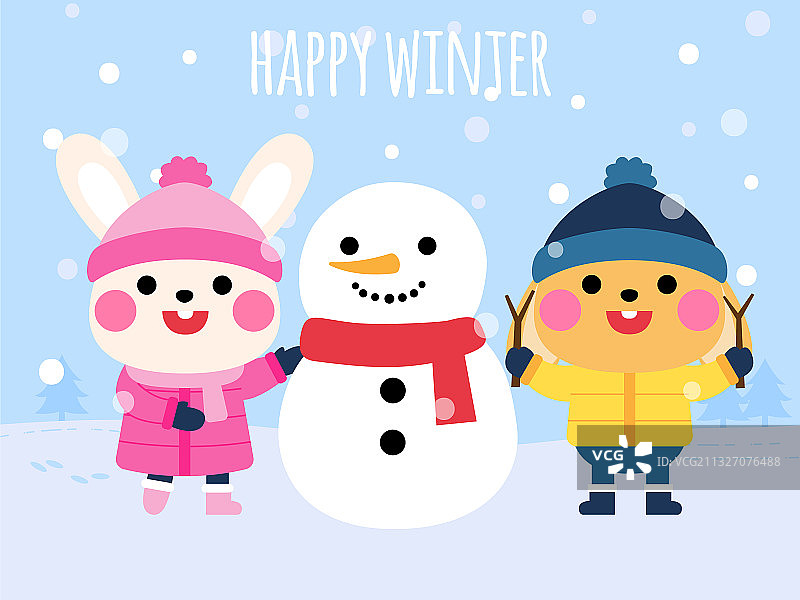 可爱的兔子和雪人快乐的冬天卡片图片素材
