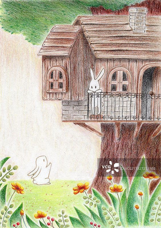 森林树屋和两只小兔子图片素材