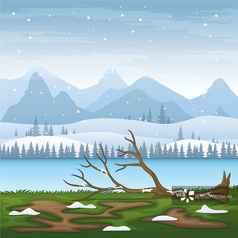 冬天的雪景与倒下的树图片素材