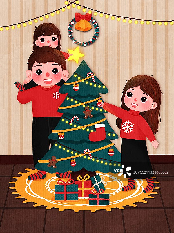 圣诞节一家人一起装饰圣诞树图片素材