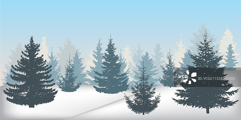 冬天白雪森林的剪影美丽图片素材