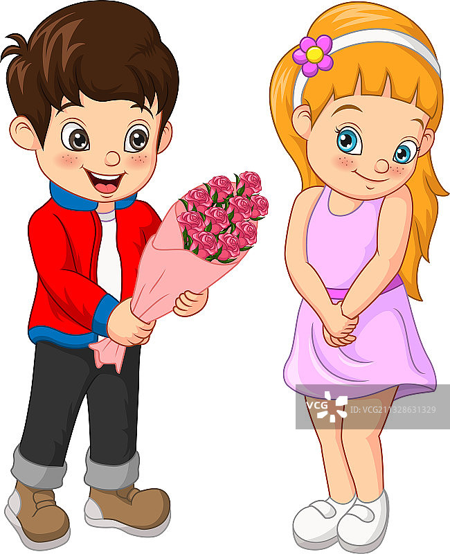 可爱的男孩给一个女孩漂亮的花束图片素材