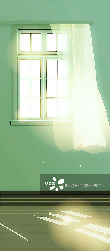 原创窗户纱窗白色窗帘唯美安静透光照射阳光室内宁静房间矢量插画图片素材