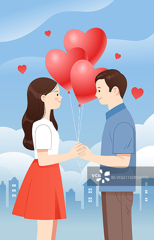 一对情侣在蓝天城市背景前拿着心形气球图片素材
